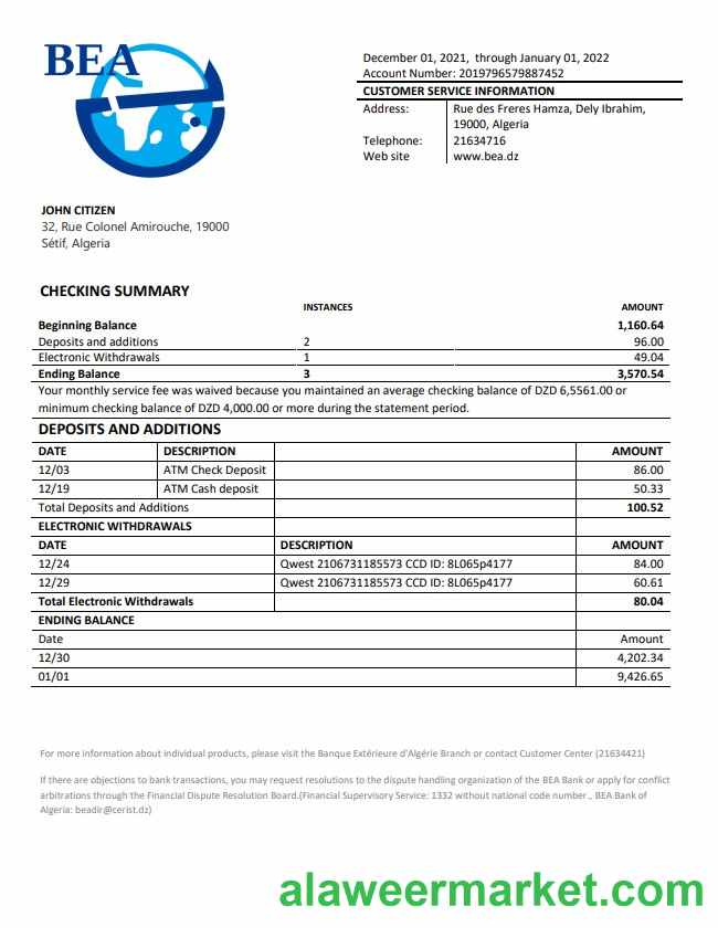 Algeria Banque extérieure d'Algérie bank statement w1